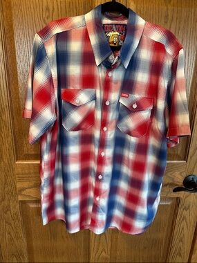 DIXXON All Star Red White and Blue Plaid Short-Sleeve Button-Down Shirt